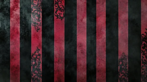 Vertically striped grunge wallpaper shows worn damask overlays