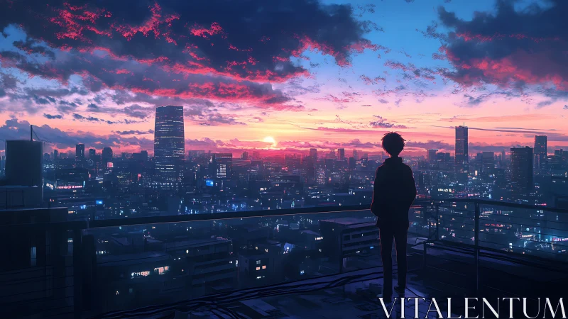 Solitary silhouette over neon-lit city at cinematic sunset.