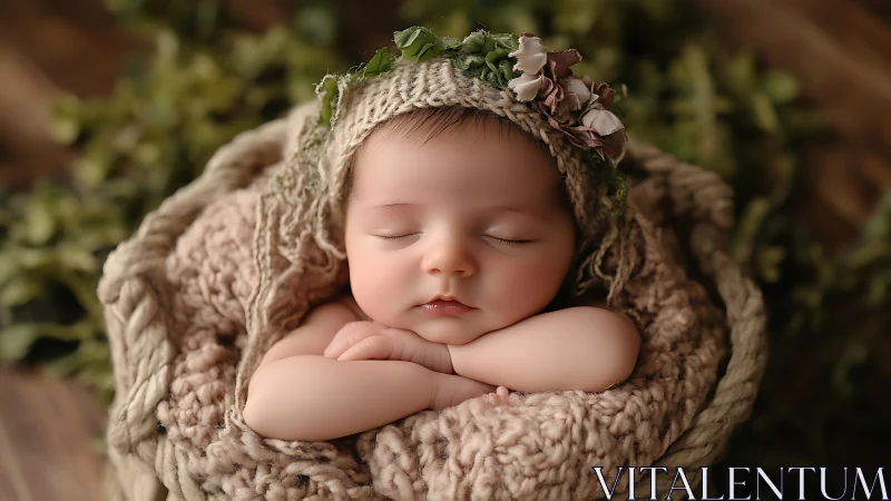 Newborn Portrait. Serene Infant Wrapped in Textured Blanket.