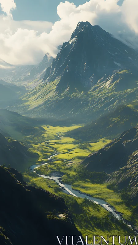 Sunlit alpine valley with towering peak and winding river.