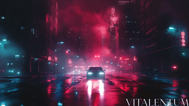 Neon lit city street with car in rain at night.