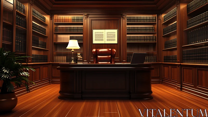 Mahogany law library office with leather chair and laptop