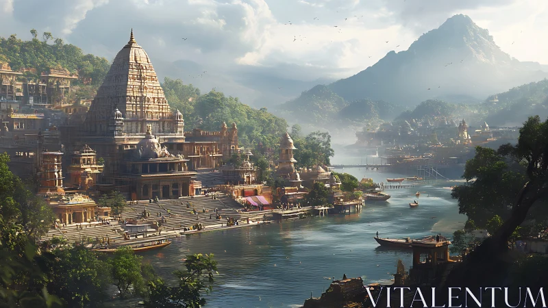 Sunlit river temple city breathes in misty mountain calm