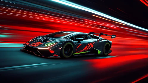 Aerodynamic GT race car on neon red motion-blur speedway
