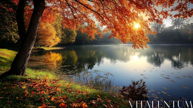 Autumn trees and still lake with sunlight reflection view.