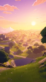 Procedural low-poly valley at dusk with volumetric lighting.