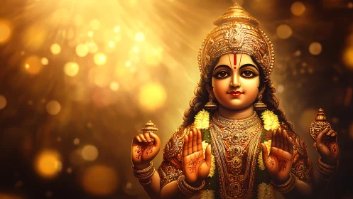 Golden digital depiction of Hindu goddess with glowing aura.