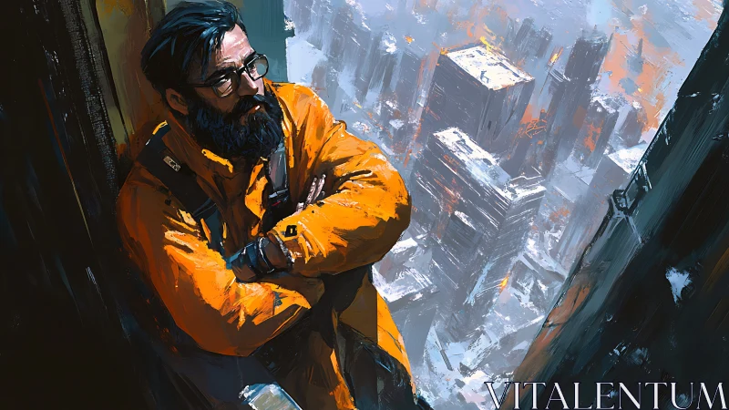 Skyline drifter in orange coat brooding above frozen city.