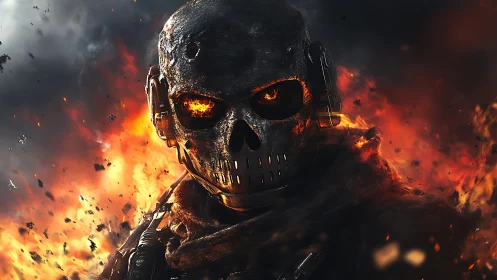 Flaming cyber skull soldier emerging from explosive inferno.