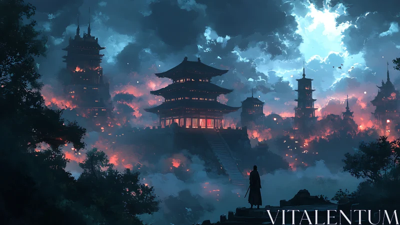 Lone ronin watches burning mountain temples in stormlight.