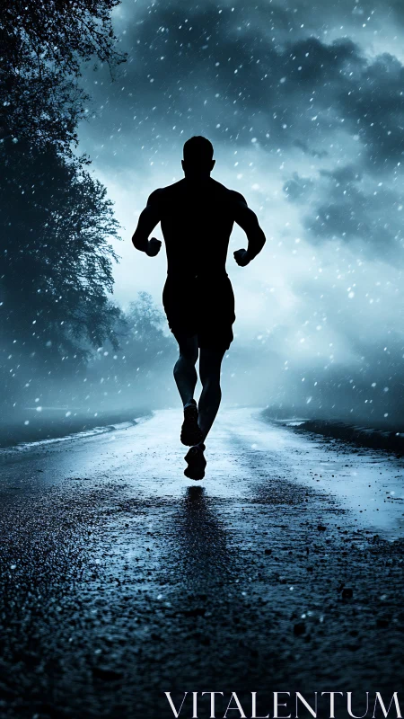 Silhouetted road runner under nocturnal storm backlighting.