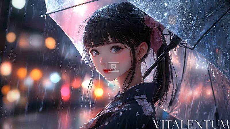 Girl holds transparent umbrella in rainy night city street