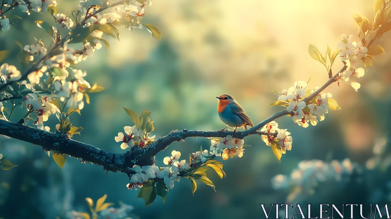 Robin on a blossoming branch in soft morning light, dreamy style.