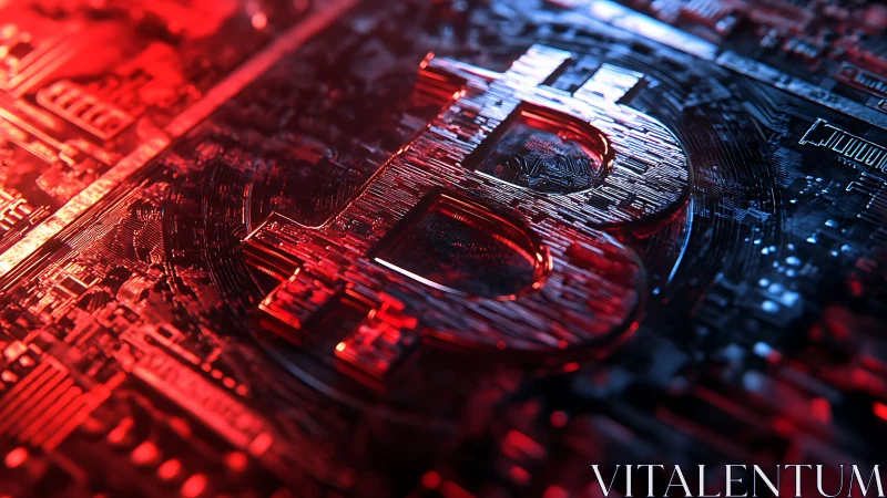 Cryptic bitcoin monolith glows across a neon circuitry sea.