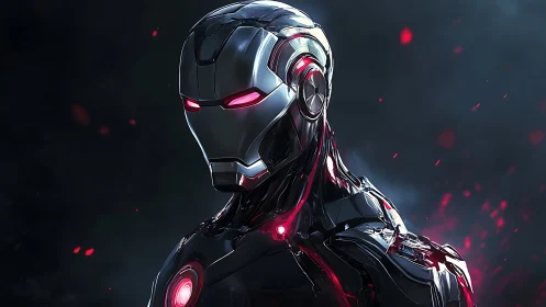 Chrome dusk sentinel with ember-lit eyes stands watch.