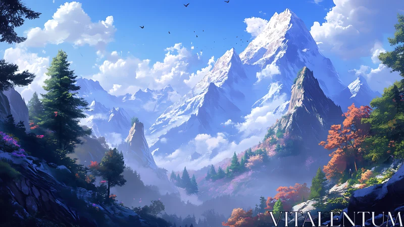 Snow-covered mountain range above mixed forest slopes.