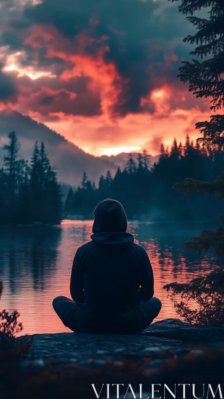 Solitary hooded figure meditating by neon-lit mountain lake.