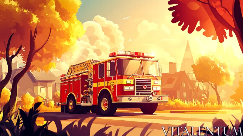 Emergency Response: Red Fire Truck on Golden Hour Rescue Mission.