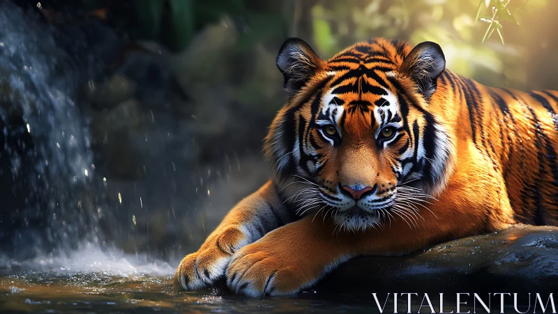 Calm tiger resting by a gentle forest waterfall at dusk.