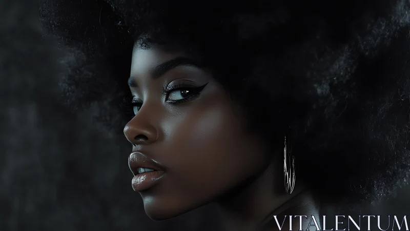 Side-lit portrait with glossy lips and voluminous natural hair.