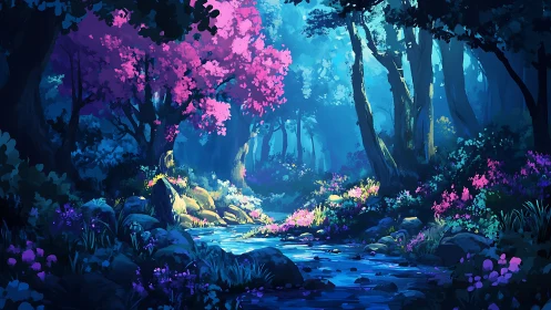 Neon Forest Stream. Luminescent pathway through enchanted woodland.