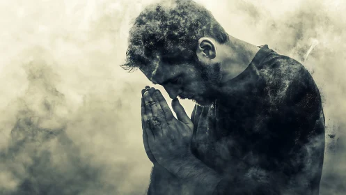 Man in deep prayer surrounded by smoky atmospheric haze.
