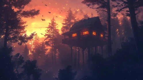 House Among Burning Trees at Sunset.