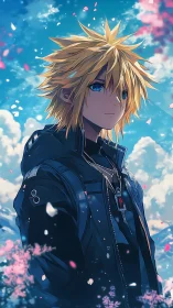 Blond anime youth in noir jacket under drifting sakura sky