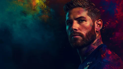 Bearded portrait glows against neon smoke abstraction.