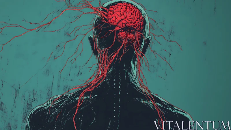 Neural pathways erupt from exposed brain in stylized rear view