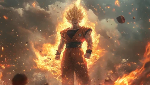 Fiery anime warrior ascends within explosive stormscape.