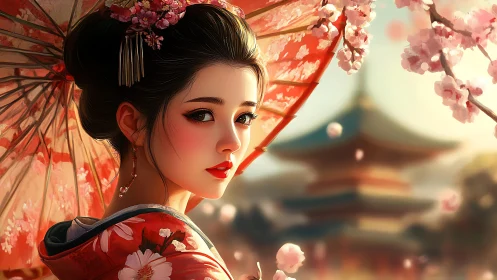 Elegant geisha gazes back beneath cherry blossoms in spring.
