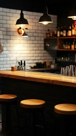 Warm industrial bar counter under pendant lights at night.
