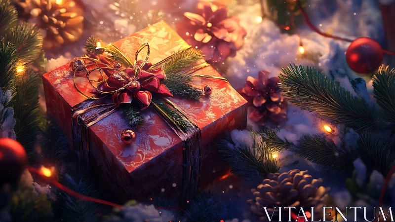 Red Christmas gift box among snow and pine branches.