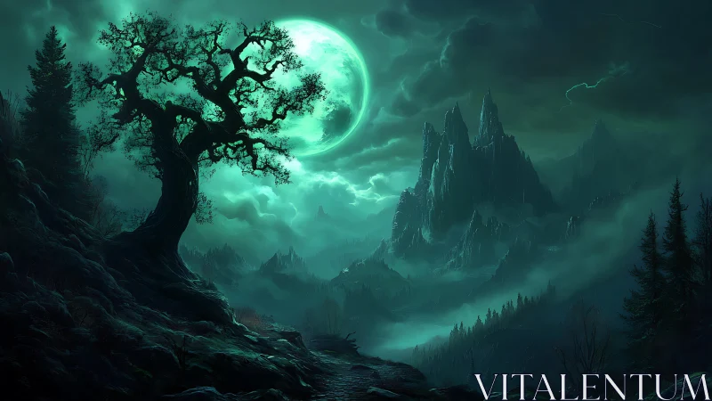 Moonlit fantasy landscape with twisted tree and peaks.