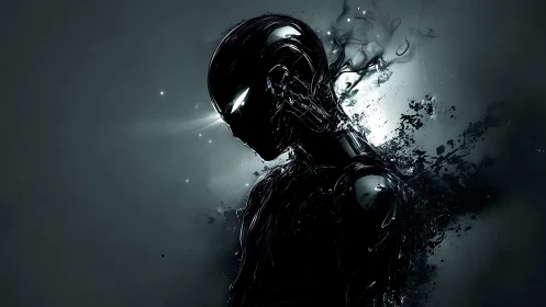 Cyberpunk biomech silhouette with liquid metal dispersion effect.