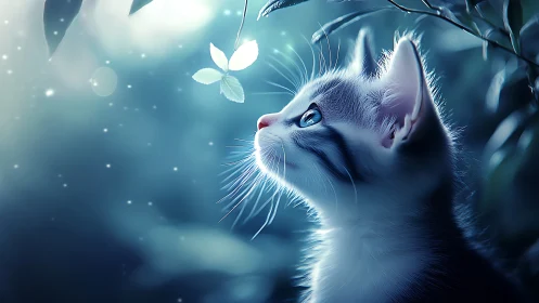 White Cat Gazes Upward at Luminous Leaf.