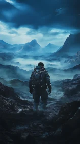 Solitary explorer stalks through misty blue alien highlands