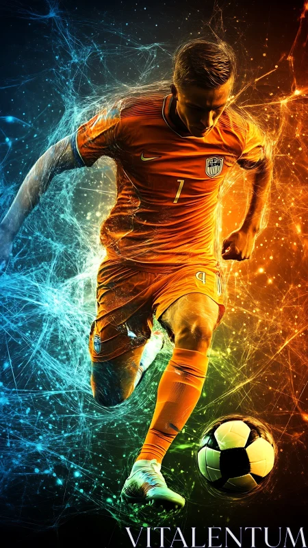 Soccer player in orange kit with dynamic dual color field.