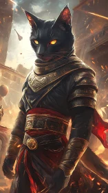 Regal black warrior cat amid ember-lit ancient ruins.