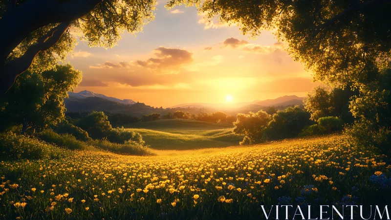 Wildflower sunlight pours across a valley cradled in gold