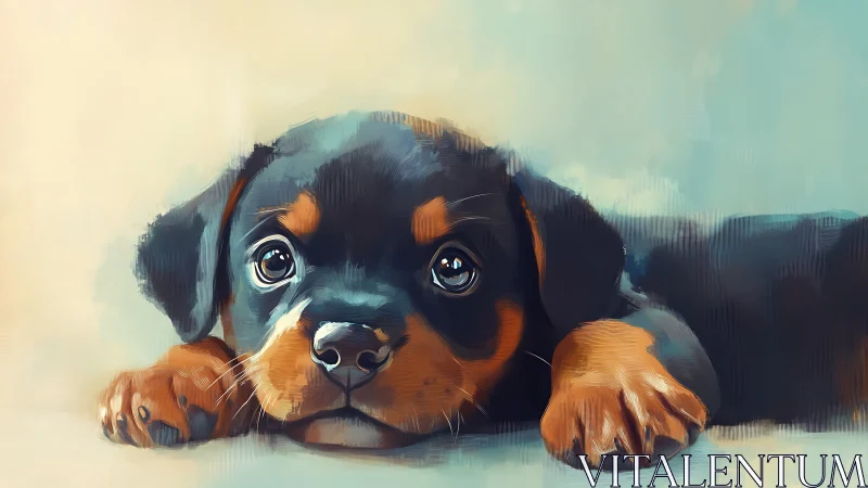 Low-angle digital painting studies resting Rottweiler puppy gaze