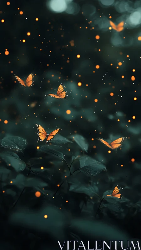 Orange butterflies move through dark foliage with glowing light