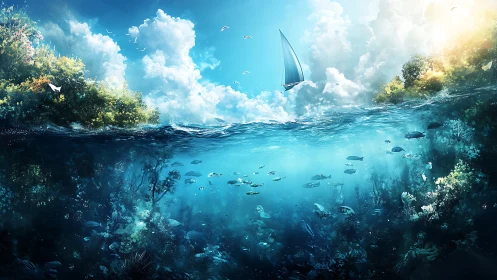 Cross‑sectional ocean panorama with sailboat and reef biota.