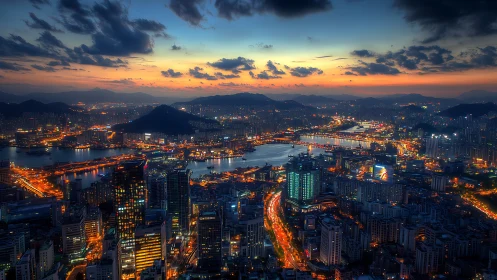 Twilight metropolis skyline with riverside traffic trails.