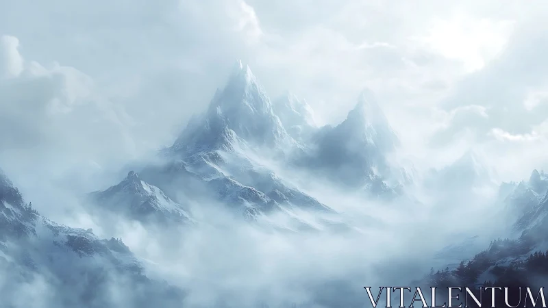 Glacial mountain range dissolves into atmospheric winter haze