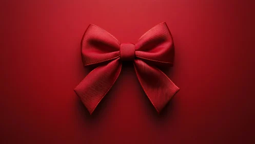Crimson ribbon bow resting softly on a deep red backdrop.