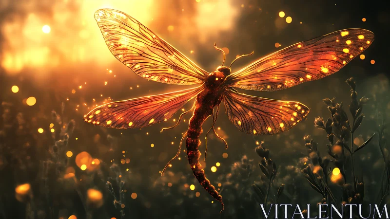 Firelit dragonfly drifting through a golden twilight meadow.