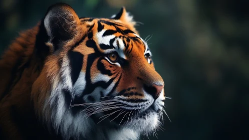 Tiger portrait with vivid stripes against dark forest bokeh.