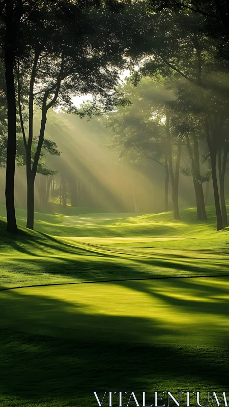 Sunlight penetrates forest canopy onto contoured fairway